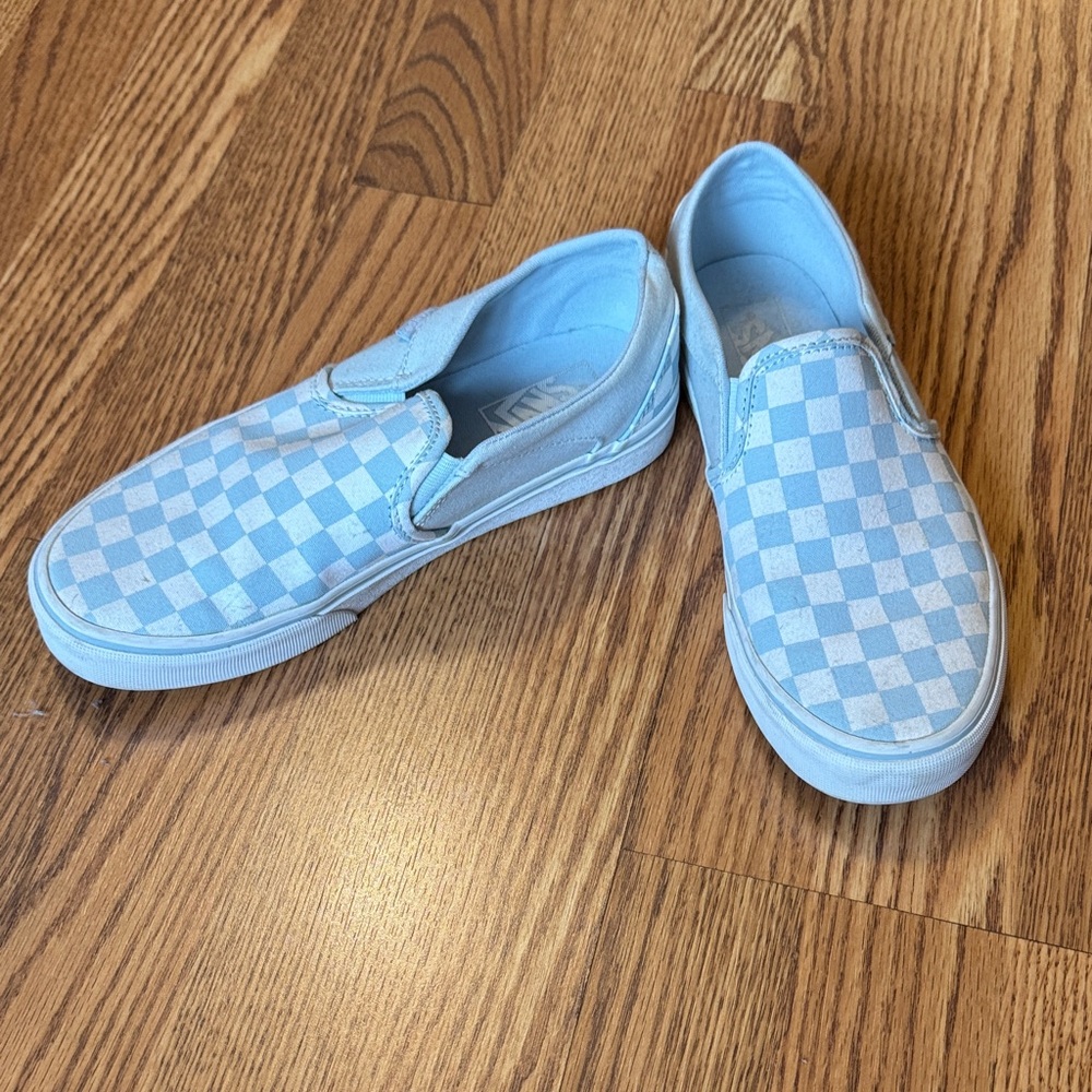 Vans Women’s Light Blue and White Checkerboard Slip-On Sneakers